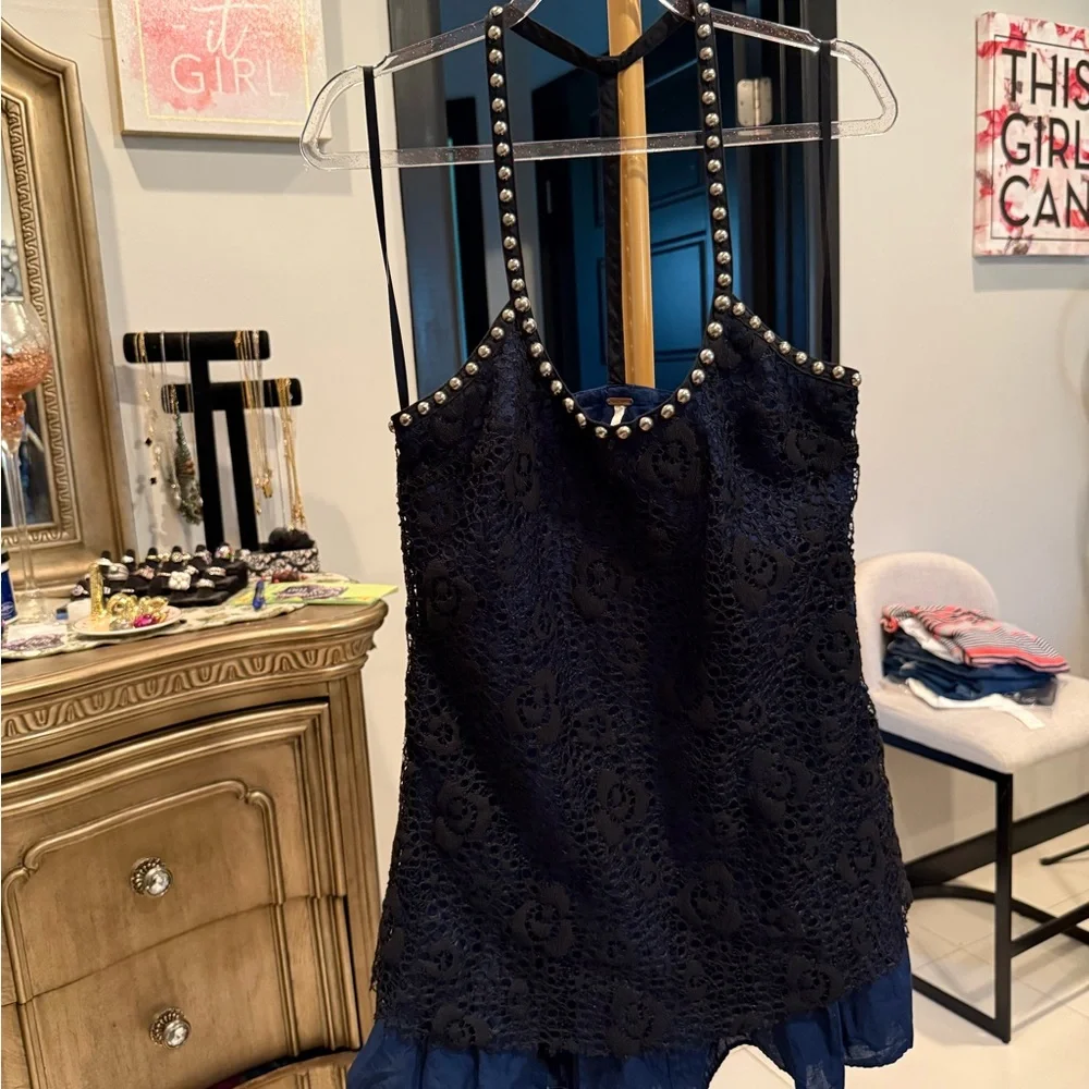 Free People Chic Navy Lace Dress with Pearl Details - Picture 2 of 11